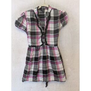 Rhapsody Tunic Top Women's Medium Purple Plaid Ruffle V-Neck Tie Back Y2K